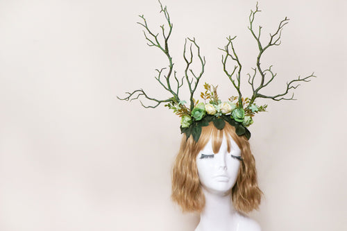 Black Branch Horn Demon Nymph Horn Headdress Antlers green flowers