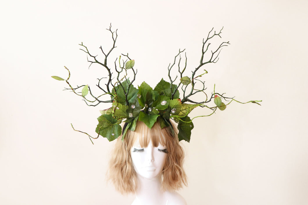 Dark Green Branch Horn Mix Leaves Rhinestones bling Vine Nymph Forest Horn Headdress Headwear Antlers Green Elf Halloween Costume【NALUMI】