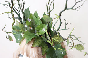 Dark Green Branch Horn Mix Leaves Rhinestones bling Vine Nymph Forest Horn Headdress Headwear Antlers Green Elf Halloween Costume【NALUMI】