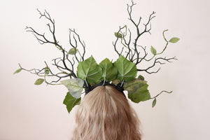 Dark Green Branch Horn Mix Leaves Rhinestones bling Vine Nymph Forest Horn Headdress Headwear Antlers Green Elf Halloween Costume【NALUMI】