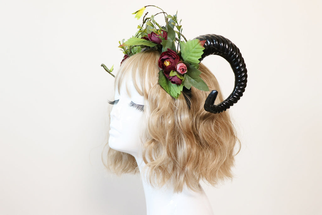 Black Demon Horns Ram Green Vines Red Fairy Flowers Nymph Forest Goat Headwear Sheep