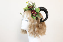 Load image into Gallery viewer, Black Demon Horns Ram Green Vines Red Fairy Flowers Nymph Forest Goat Headwear Sheep