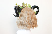 Load image into Gallery viewer, Black Demon Horns Ram Green Vines Red Fairy Flowers Nymph Forest Goat Headwear Sheep