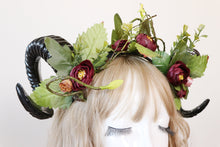 Load image into Gallery viewer, Black Demon Horns Ram Green Vines Red Fairy Flowers Nymph Forest Goat Headwear Sheep