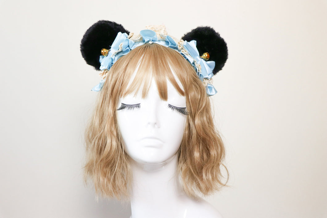 Bear Ears Black Cute Headwear Lolita Light Blue Ribbon Bells Bows Jingle Lace Furry Animal Headband Costume Halloween