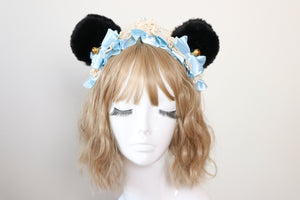 Bear Ears Black Cute Headwear Lolita Light Blue Ribbon Bells Bows Jingle Lace Furry Animal Headband Costume Halloween