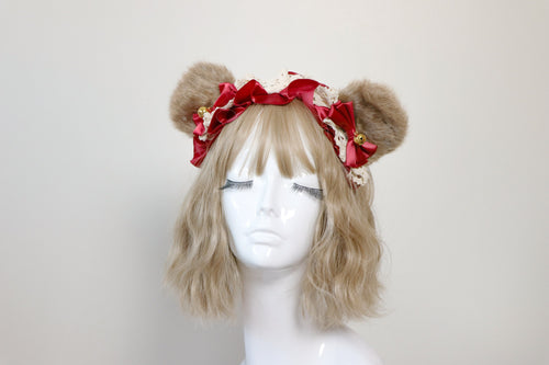 Bear Ears Teddy Brown Cute Headwear Lolita Red Ribbon Bells Bows Jingle Lace Furry Animal Headband Costume Halloween