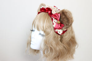 Bear Ears Teddy Brown Cute Headwear Lolita Red Ribbon Bells Bows Jingle Lace Furry Animal Headband Costume Halloween