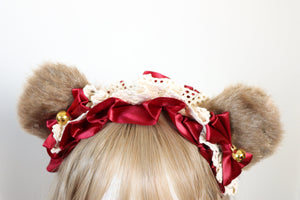 Bear Ears Teddy Brown Cute Headwear Lolita Red Ribbon Bells Bows Jingle Lace Furry Animal Headband Costume Halloween