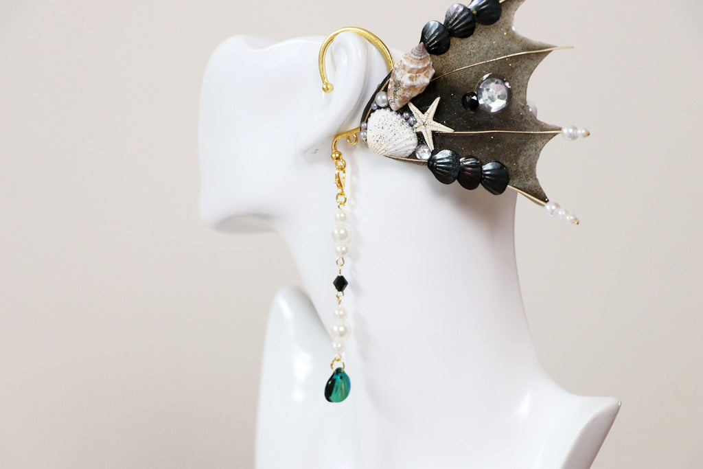 Gold Black Mermaid Earring Sea Shell Fairy Ears Elven Ears Earcuffs cosplay fantasy decoration Nature Fish Fin photography【NALUMI】