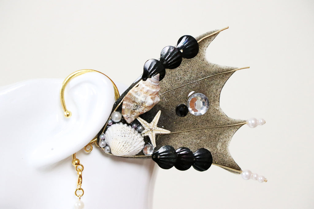 Gold Black Mermaid Earring Sea Shell Fairy Ears Elven Ears Earcuffs cosplay fantasy decoration Nature Fish Fin photography【NALUMI】