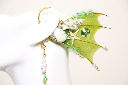 Green Emerald Mermaid Earring Sea Shell Fairy Ears Elven Ears Earcuffs cosplay fantasy decoration Nature Fish Fin photography【NALUMI】