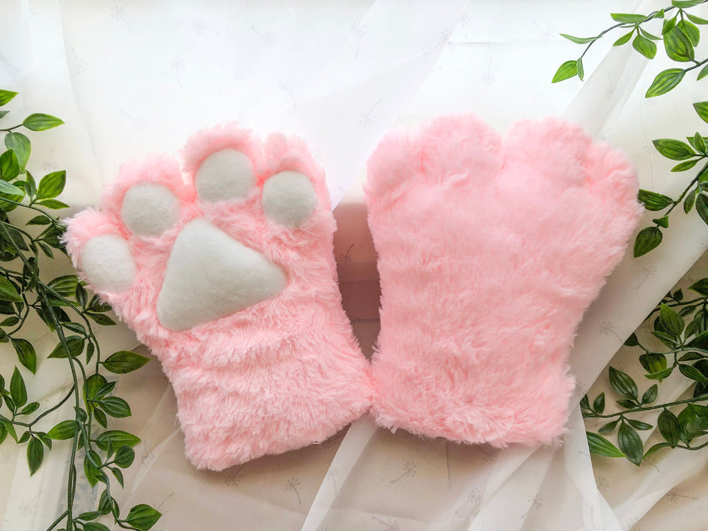 Pink White Cat Paws Kitty kitten Bear Paw Cosplay Anime Furry Animal Costume Halloween