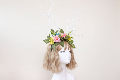 Colorful HORNS HEAD DRESS Unique Costume Forest Horror Headdress White Branch Horn Flowers Nymph Horn Headdress Headwear Antlers Halloween