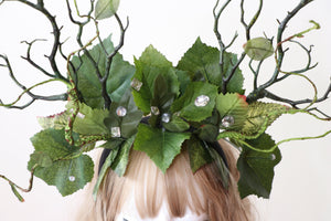 Dark Green Branch Horn Mix Leaves Rhinestones bling Vine Nymph Forest Horn Headdress Headwear Antlers Green Elf Halloween Costume【NALUMI】