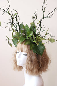 Dark Green Branch Horn Mix Leaves Rhinestones bling Vine Nymph Forest Horn Headdress Headwear Antlers Green Elf Halloween Costume【NALUMI】