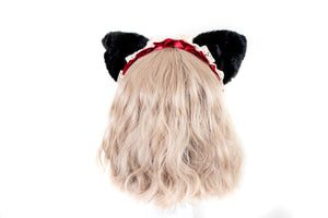 Cat Ears Black Pink Cute Headwear Lolita Red Ribbon Bells Bows Jingle Lace Furry Animal Headband Costume Christmas Gift