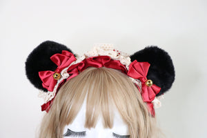 Bear Ears Black Cute Headwear Lolita Red Ribbon Jingle Bells Bows Lace Furry Animal Headband Costume Christmas Gift Halloween