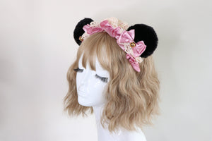 Bear Ears Black Cute Headwear Lolita Pink Ribbon Jingle Bells Bows Lace Furry Animal Headband Costume Christmas Gift Halloween