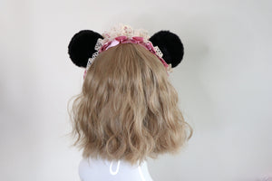 Bear Ears Black Cute Headwear Lolita Pink Ribbon Jingle Bells Bows Lace Furry Animal Headband Costume Christmas Gift Halloween