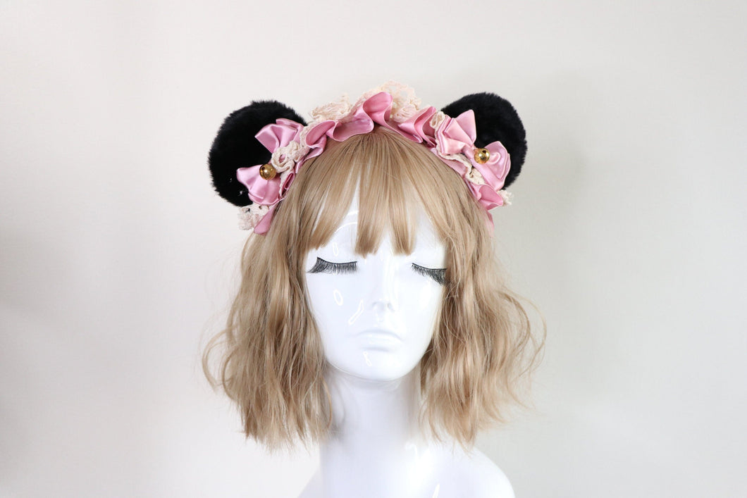 Bear Ears Black Cute Headwear Lolita Pink Ribbon Jingle Bells Bows Lace Furry Animal Headband Costume Christmas Gift Halloween