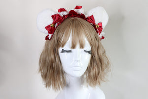 Bear Ears White Cute Headwear Lolita Red Ribbon Jingle Bells Bows Lace Furry Animal Headband Costume Christmas Gift Halloween