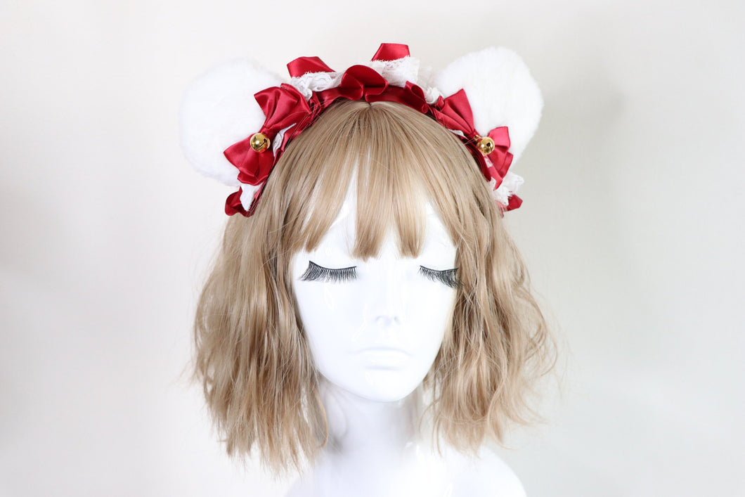 Bear Ears White Cute Headwear Lolita Red Ribbon Jingle Bells Bows Lace Furry Animal Headband Costume Christmas Gift Halloween