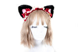 NALUMI Handmade Black Faux Fur Cat Ears Headband with Pink Inner Ears, Red Bows, Gold Bells and Cream Lace — Lolita & Cosplay