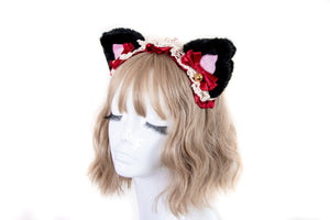 Cat Ears Black Pink Cute Headwear Lolita Red Ribbon Bells Bows Jingle Lace Furry Animal Headband Costume Christmas Gift