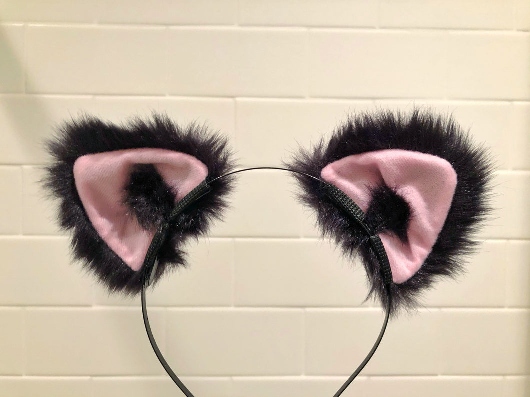 Front Cat ears Kitty Headwear Black soft Furry Pink inside Animal Headband Costume Bow Bells Christmas