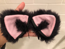 Load image into Gallery viewer, Front Cat ears Kitty Headwear Black soft Furry Pink inside Animal Headband Costume Bow Bells Christmas