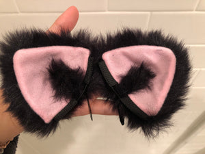 Front Cat ears Kitty Headwear Black soft Furry Pink inside Animal Headband Costume Bow Bells Christmas