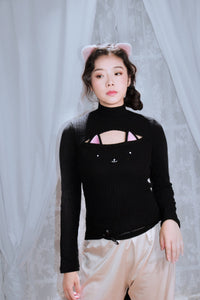 Cute Black Pink White Cat Ear Face Rib-Knit Low Cut Sexy Turtleneck Sweater Fit Girl Women Anime Cloth Christmas Gift