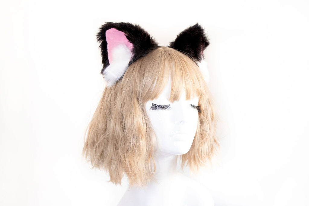 Cat ears Kitty Headwear Black/Pink Furry Animal Headband Costume Bow Bells