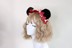 Bear Ears Black Cute Headwear Lolita Red Ribbon Jingle Bells Bows Lace Furry Animal Headband Costume Christmas Gift Halloween