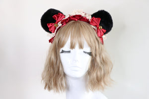 Bear Ears Black Cute Headwear Lolita Red Ribbon Jingle Bells Bows Lace Furry Animal Headband Costume Christmas Gift Halloween