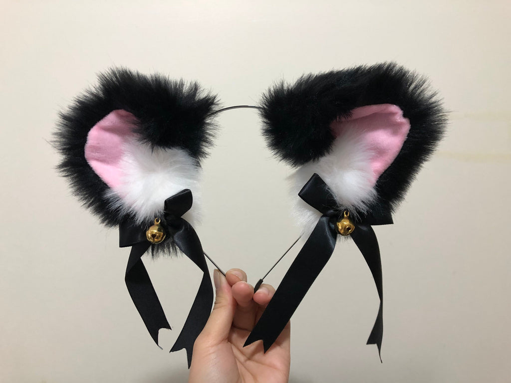 Cat ears Kitty Headwear Black/Pink Furry Animal Headband Costume Bow Bells