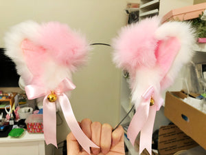 Pink Quilts White Cat Ear Headband Furry Animal Headdress Handmade Headpiece Cat Mom Gifts for her Cute Christmas