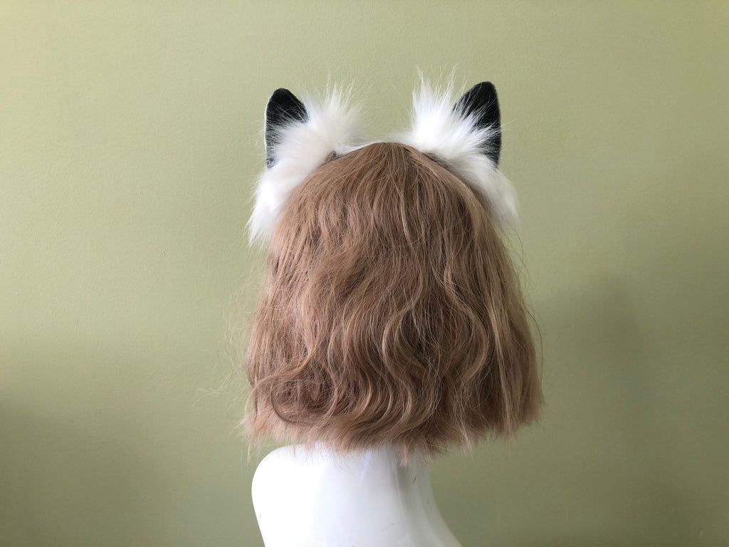 White/Black Cat ears Kitty kitten Cosplay Anime Headband Long Furry Animal Adjustable Costume Natural Simulation
