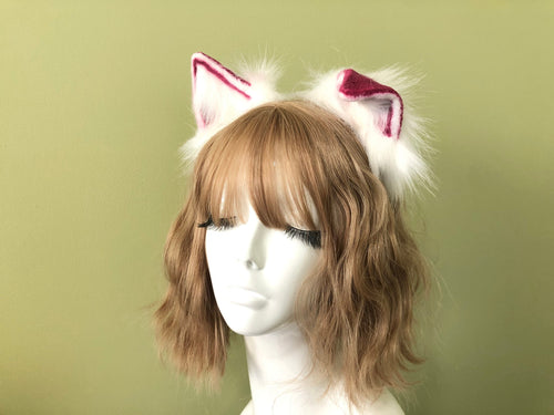 White/Red Cat ears Kitty kitten Cosplay Anime Headband Long Furry Animal Adjustable Costume Natural Simulation