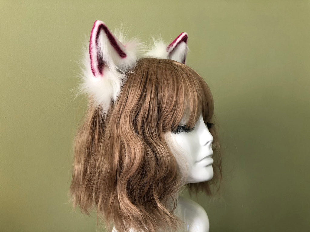 White/Red Cat ears Kitty kitten Cosplay Anime Headband Long Furry Animal Adjustable Costume Natural Simulation