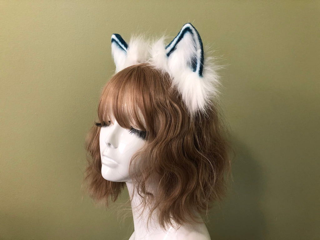 White/Blue Cat ears Kitty kitten Cosplay Anime Headband Long Furry Animal Adjustable Costume Natural Simulation