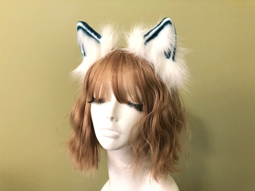 White/Blue Cat ears Kitty kitten Cosplay Anime Headband Long Furry Animal Adjustable Costume Natural Simulation