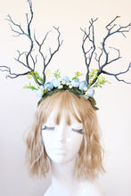 Load image into Gallery viewer, Black Blue Branch Horn Demon Nymph Horn Headdress Antlers Light Blue Flowers Roes Nauturl