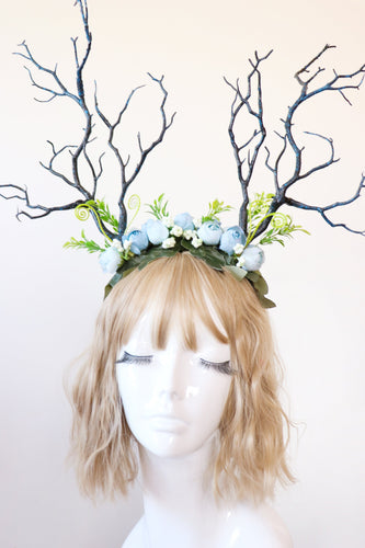 Black Blue Branch Horn Demon Nymph Horn Headdress Antlers Light Blue Flowers Roes Nauturl