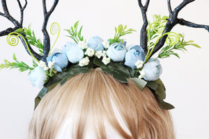 Black Blue Branch Horn Demon Nymph Horn Headdress Antlers Light Blue Flowers Roes Nauturl