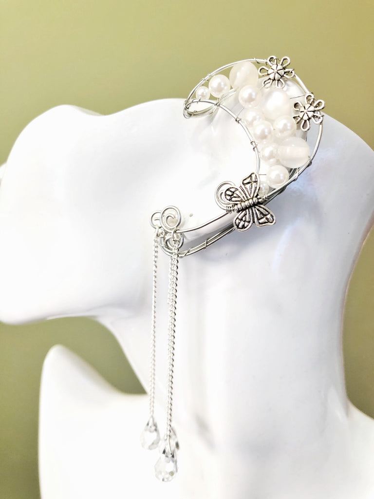 Silver White Pearl Elf Earring Wire Crystal  Fairy Ears Elven Ears Earcuffs cosplay fantasy decoration Nature photography【NALUMI】