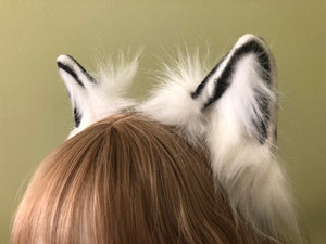 White/Black Cat ears Kitty kitten Cosplay Anime Headband Long Furry Animal Adjustable Costume Natural Simulation