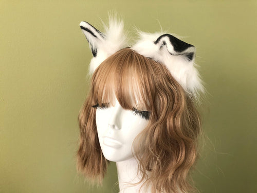 White/Black Cat ears Kitty kitten Cosplay Anime Headband Long Furry Animal Adjustable Costume Natural Simulation