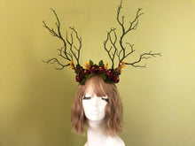 Load image into Gallery viewer, Black Green Branch Horn Red Flowers  Nymph Forest Horn Headdress Antlers Red Green